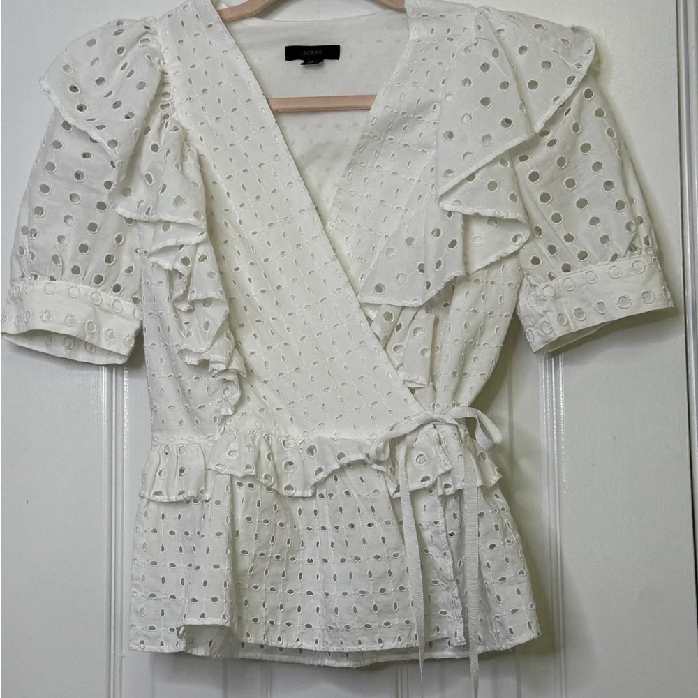 J. Crew White Puff Sleeve Wrap Blouse